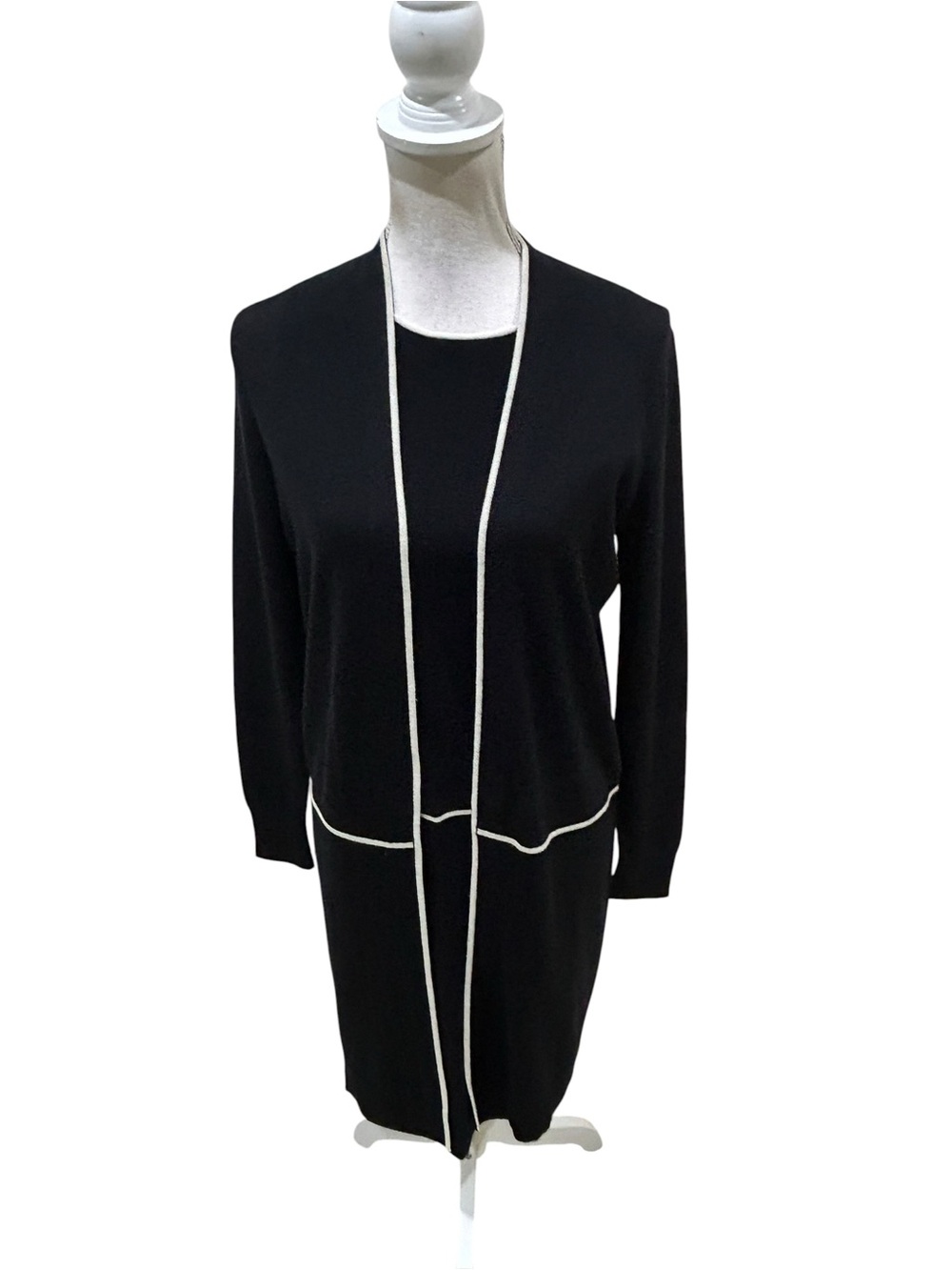 Worth Black wool Knit dress & Longline open front sweater White Trim set small